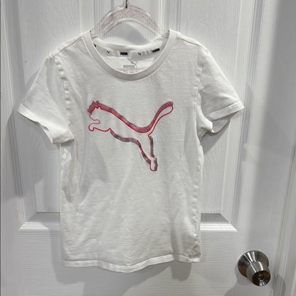 White Puma Tee with Pink Logo and Crew Neck